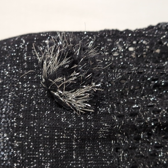 Black Silver Metallic Knit Dress with Pompom Front Vneck Size Medium - Picture 3 of 6